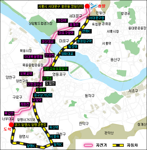 자전거 VS. 자동차 출근 대결 코스도(7월 3일 월요일 오전 8시 25분 출발) 